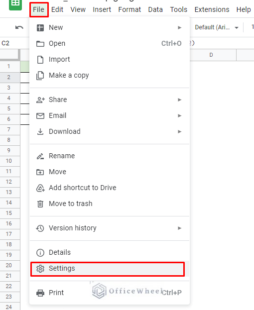 navigating to the settings option from the file tab